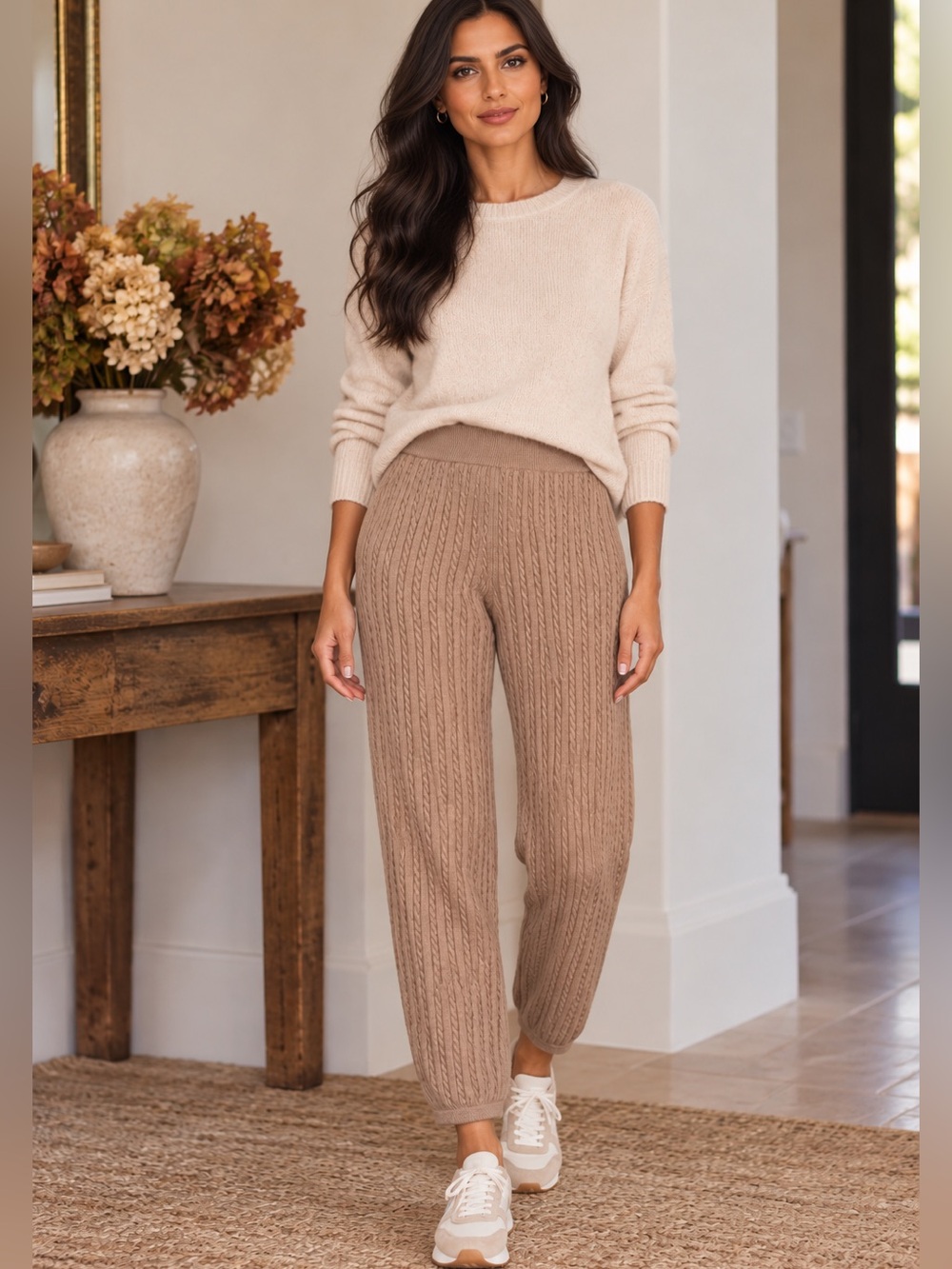 SIMKHAI Cable Knit Jogger Pants Cotton Cashmere Taupe Brown Size XS